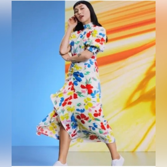 RIXO Dresses & Skirts - Rixo white Floral multicolored Mock Neck Cascade Ruffle Dress short sleeves sz 6
